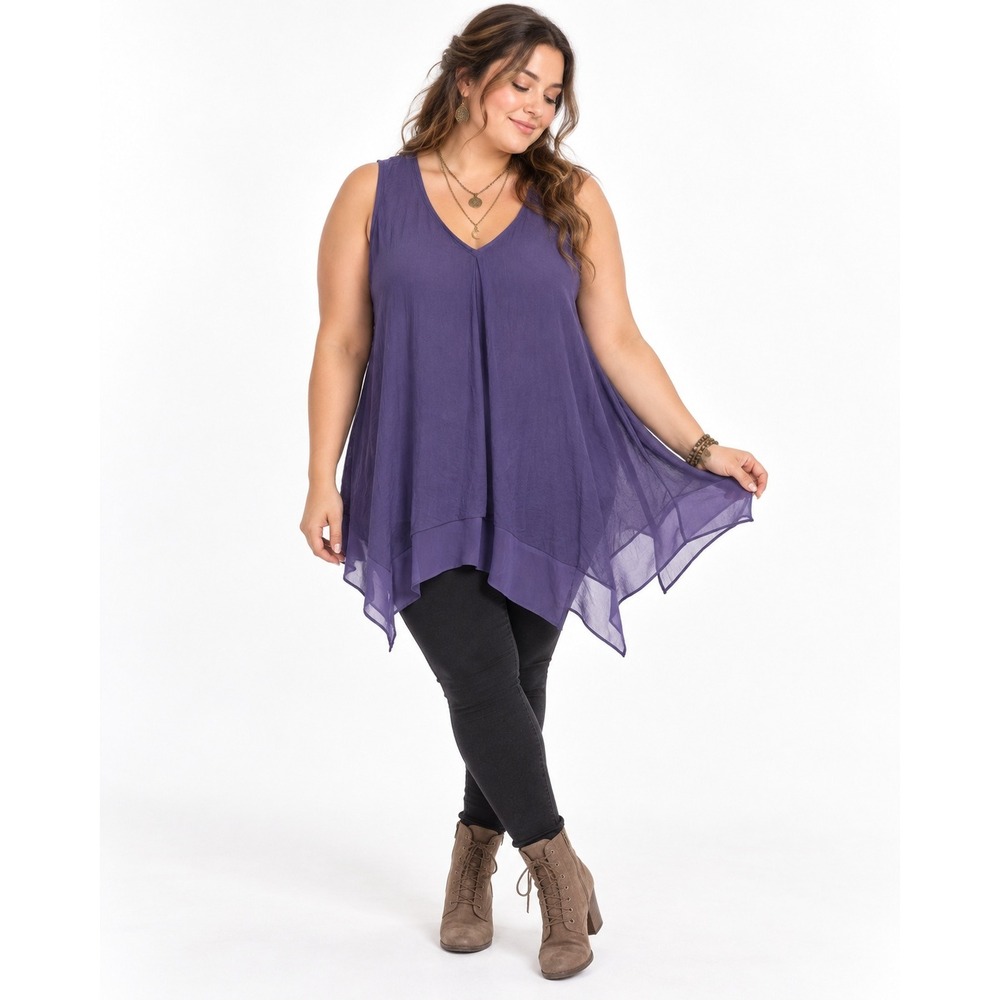 Fairy Boho Tunic Top 1X Purple Sheer Chiffon Asymmetrical Handkerchief Hem Flowy